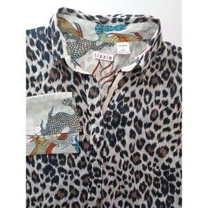 Tizzie Shirt Womens Large Animal Print Leopard Asian Dragon Cuff Artsy‎ Eclectic